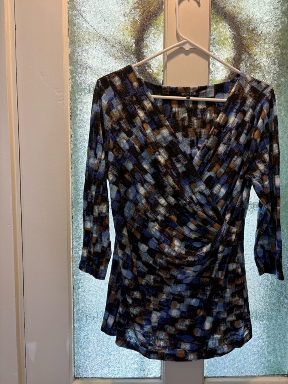 NIC+ZOE M Shades of Blue and Brown Printed Wrap-Style Women's Top